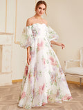 Off Shoulder Bishop Sleeve Floral Organza Maxi Dress