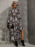 Frill Neck Floral Print Self Tie A-line Dress( clearance sale