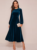Lantern Sleeve Zip Back Solid Velvet Dress