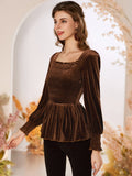 Velvet Frill Trim Shirred Peplum Blouse(SI)