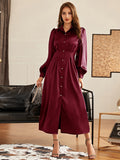 Collared Buttoned Front Fold Pleated Dress