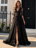 Tie Waist Wrap Hem Star Patched Mesh Prom Dress