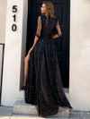 Tie Waist Wrap Hem Star Patched Mesh Prom Dress