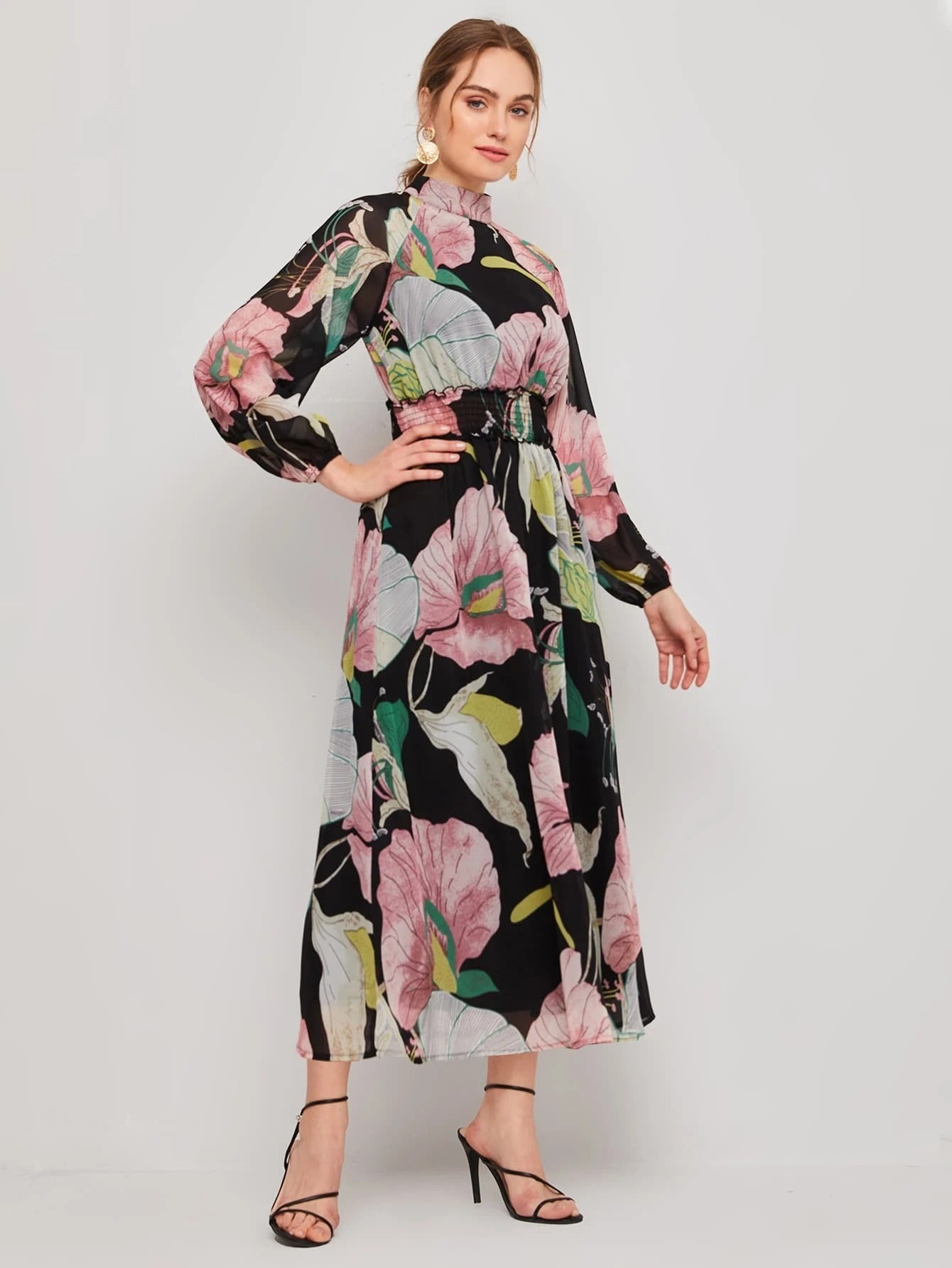 Parien Mock-Neck Shirred Waist Floral Dress