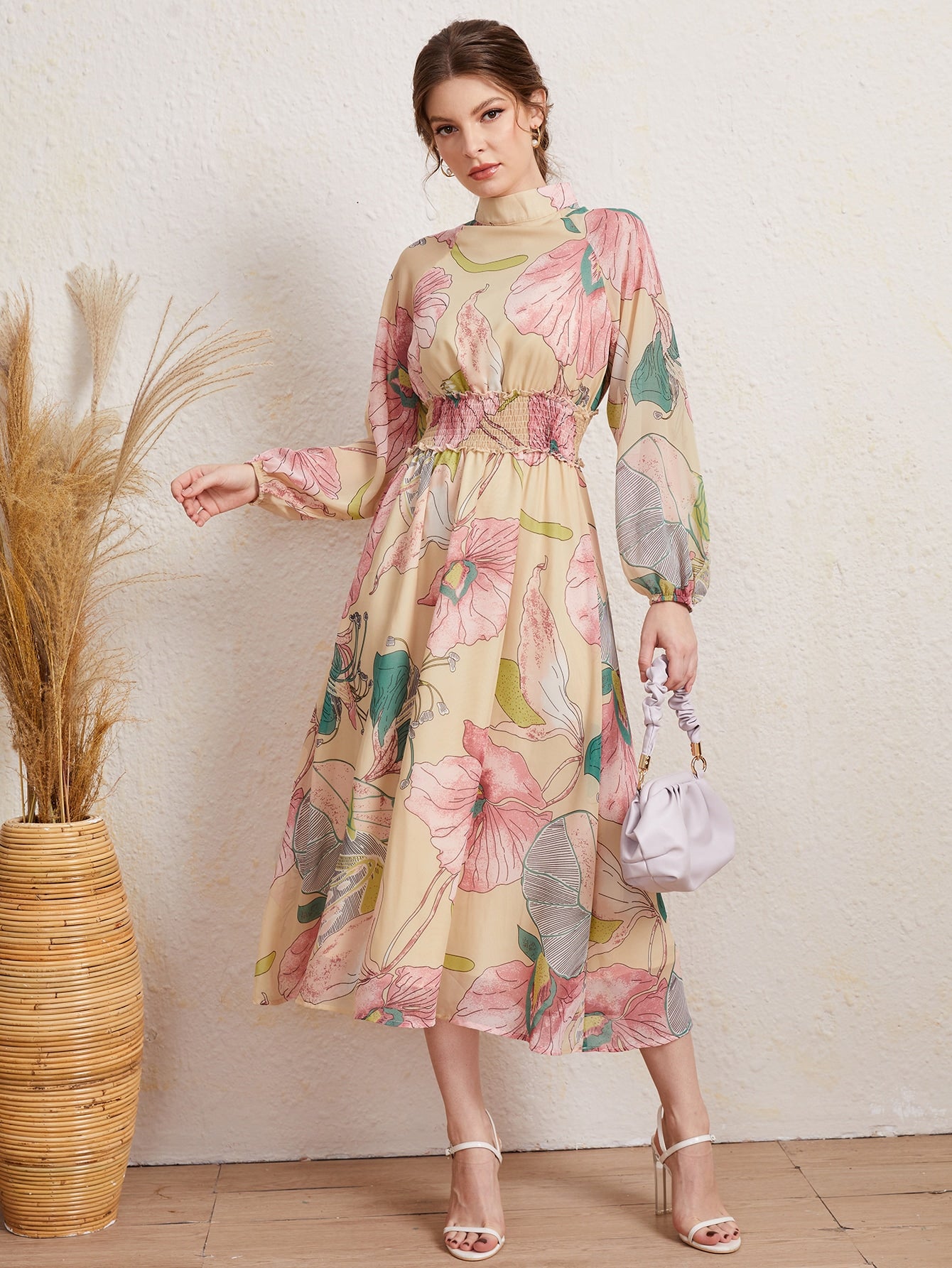 Parien Mock-Neck Shirred Waist Floral Dress