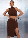 Solid Rib-knit Tank Top & Split High Skirt Set(Clearance Sale)