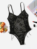 Black Embroidered Mesh Lace-up Teddy Bodysuit