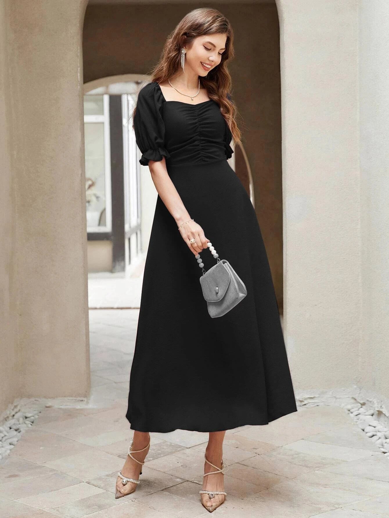 Ruched Puff Sleeve A-line Dress
