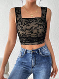 Square Neck Crop Floral Mesh Overlay Tank Top