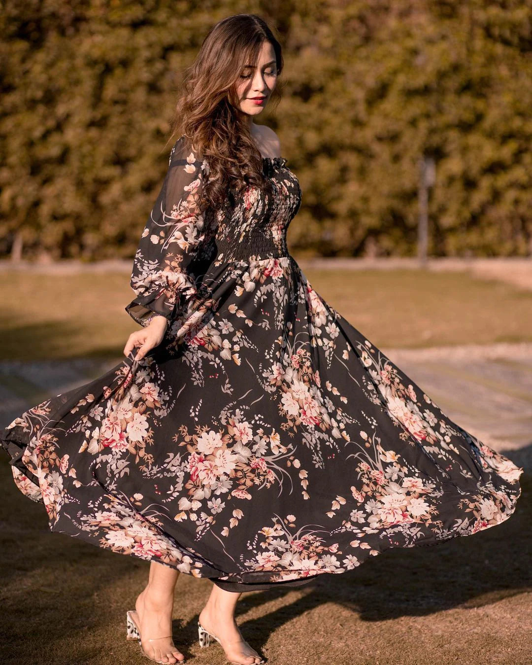 Flounce Sleeve Shirred Floral Print Dress