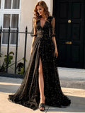 Tie Waist Wrap Hem Star Patched Mesh Prom Dress