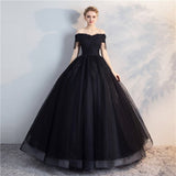 Boat Neck Applique Black Prom Dress
