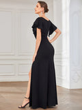 Deep V Neck Short Ruffles Sleeves Split Evening Dress