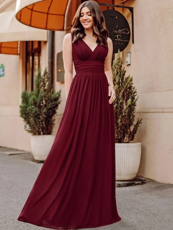 Double V Neck Ruched Wide Waistband Prom Dress