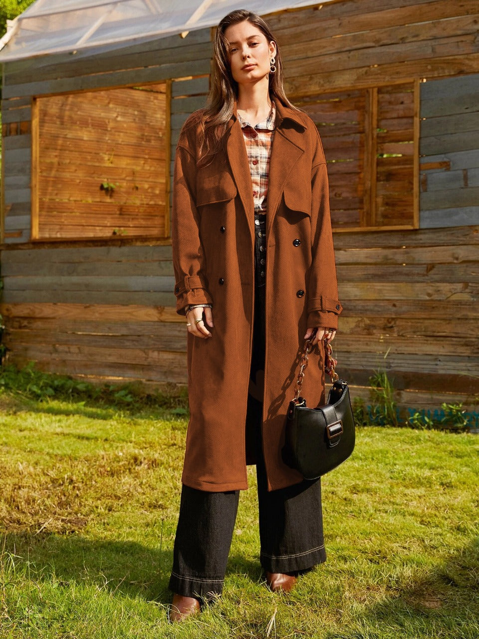 Double Breasted Drop Shoulder Belted Suedette Trench Coat