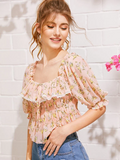 Lace Trim Ruffle Foldover Shirred Ditsy Floral Top