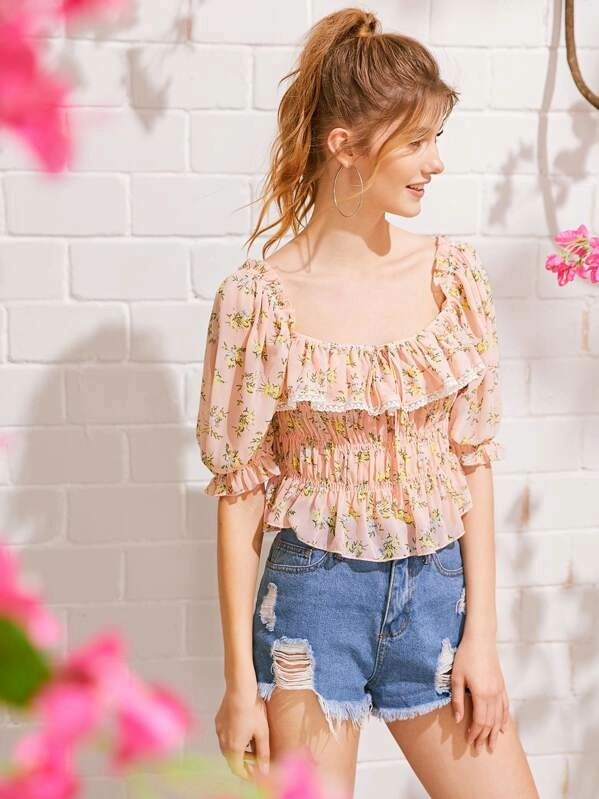 Lace Trim Ruffle Foldover Shirred Ditsy Floral Top