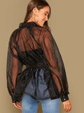 Lantern Sleeve Self Belted Peplum Organza Shirt Without Cami