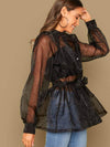 Lantern Sleeve Self Belted Peplum Organza Shirt Without Cami