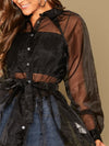 Lantern Sleeve Self Belted Peplum Organza Shirt Without Cami