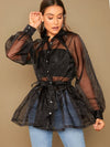 Lantern Sleeve Self Belted Peplum Organza Shirt Without Cami