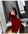 Long Sleeve Square Neck Fit & Flare Midi Dress Stretch