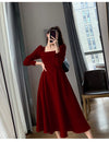 Long Sleeve Square Neck Fit & Flare Midi Dress Stretch