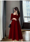 Long Sleeve Square Neck Fit & Flare Midi Dress Stretch