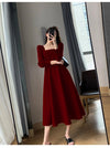 Long Sleeve Square Neck Fit & Flare Midi Dress Stretch