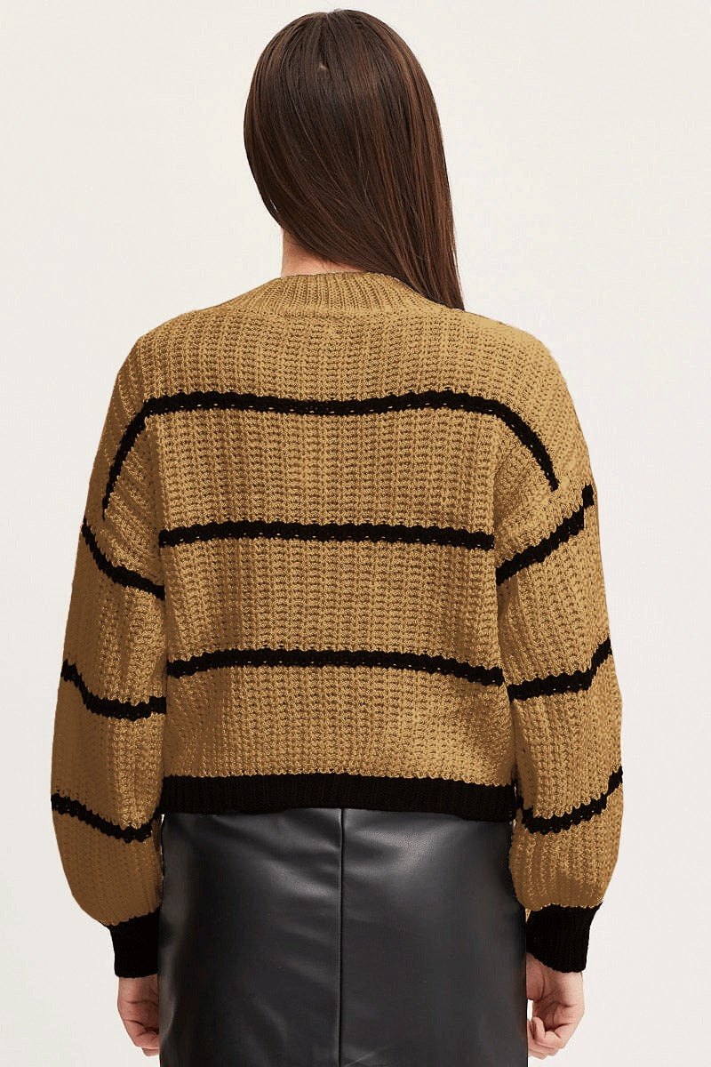 Striped Mock Neck Drop Shoulder Sweater