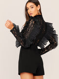 Mock Neck Sheer Lace Bodice Ruffle Trim Romper