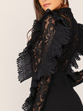 Mock Neck Sheer Lace Bodice Ruffle Trim Romper