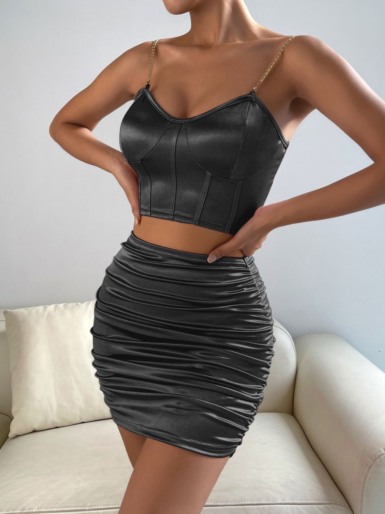 V neck Metal Strap top & bodycon skirt
