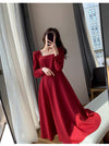 Long Sleeve Square Neck Fit & Flare Midi Dress Stretch