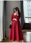 Long Sleeve Square Neck Fit & Flare Midi Dress Stretch