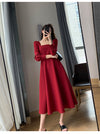 Long Sleeve Square Neck Fit & Flare Midi Dress Stretch