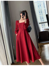 Long Sleeve Square Neck Fit & Flare Midi Dress Stretch