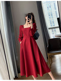 Long Sleeve Square Neck Fit & Flare Midi Dress