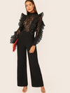 Ruffle Trim Sheer Lace Bodice Palazzo Jumpsuit