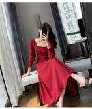 Long Sleeve Square Neck Fit & Flare Midi Dress Stretch