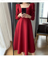 Long Sleeve Square Neck Fit & Flare Midi Dress Stretch