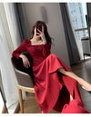 Long Sleeve Square Neck Fit & Flare Midi Dress Stretch