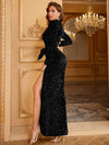 Parien Slit Thigh Mock Neck Sequin Prom Dress