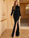 Parien Slit Thigh Mock Neck Sequin Prom Dress