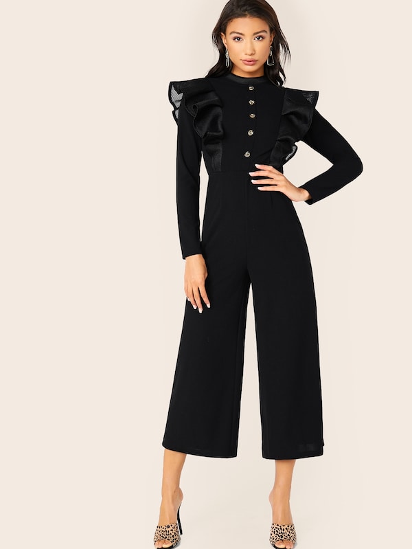 Surplice Neck Double Breasted Detail Striped Combo Jumpsuit