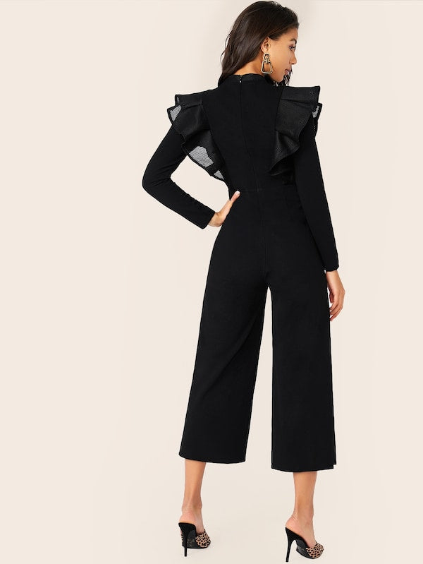 Surplice Neck Double Breasted Detail Striped Combo Jumpsuit