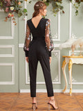 V-Back Self Belted Appliques Lantern Sleeve Jumpsuit( CLEARANCE SALE