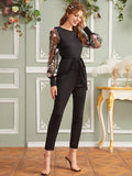 V-Back Self Belted Appliques Lantern Sleeve Jumpsuit( CLEARANCE SALE