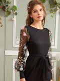 V-Back Self Belted Appliques Lantern Sleeve Jumpsuit( CLEARANCE SALE