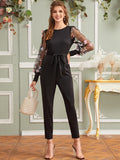 V-Back Self Belted Appliques Lantern Sleeve Jumpsuit( CLEARANCE SALE